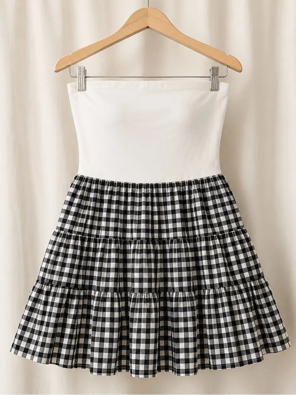 Thirty Thirty Strapless Gingham Tiered Mini Dress Size M Black White NWT - Picture 8 of 17